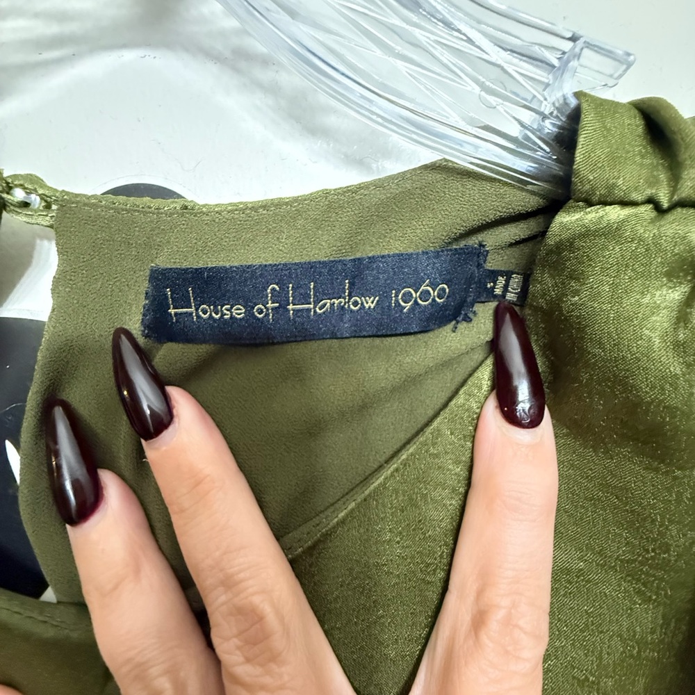 House of Harlow 1960 Olive Satin Ruched Mini Dress – Size Small - Picture 3 of 3